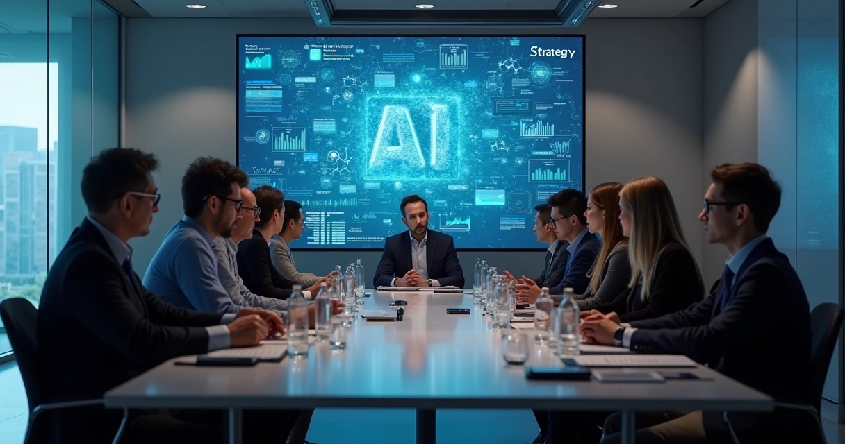 Equipe de negócios reunida em uma mesa, discutindo estratégias de integração de IA com gráficos digitais ao fundo. 