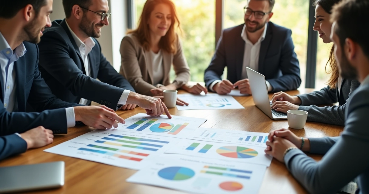 Reunião empresarial analisando planilhas de impostos extintos com gráficos na mesa 