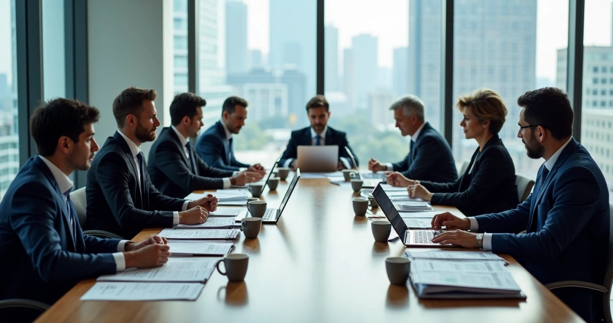 Reunião entre empresários e assessores de imprensa em sala de reunião moderna 