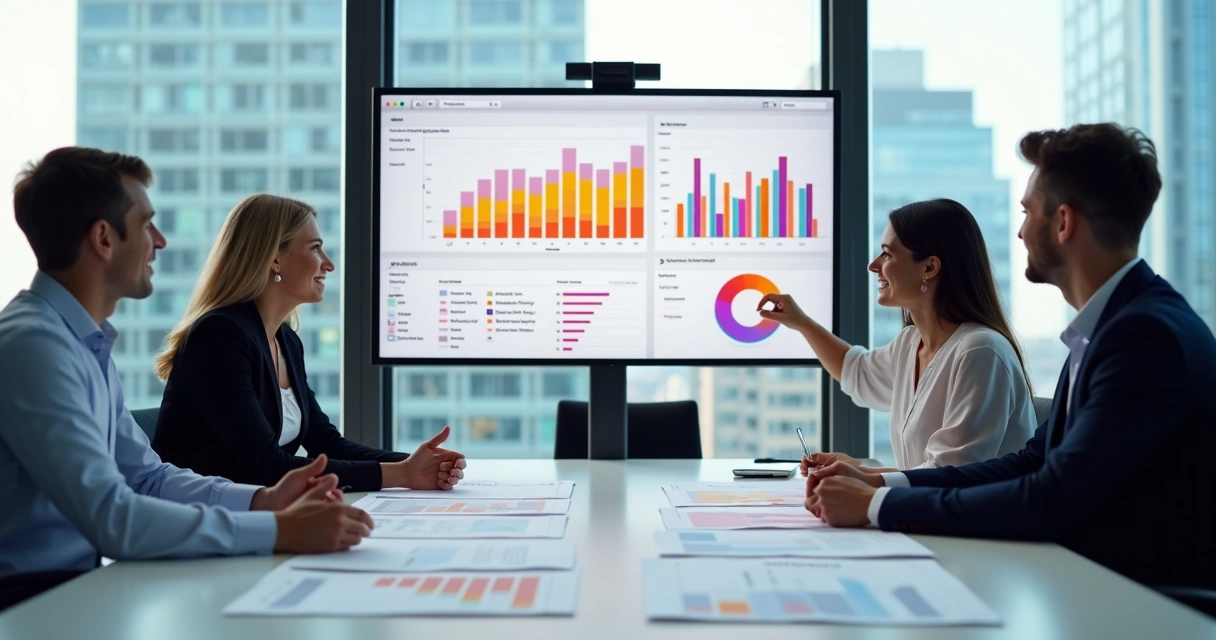 Equipe empresarial em reunião analisando feedbacks digitais em gráficos 