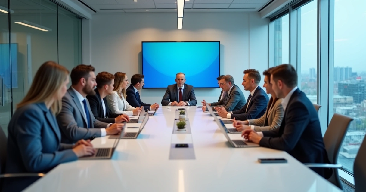Grupo de pessoas reunidas em sala de reunião moderna e iluminada
