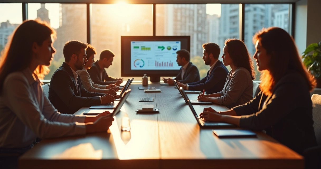Reunião de equipe em escritório moderno com tecnologia no centro da mesa 