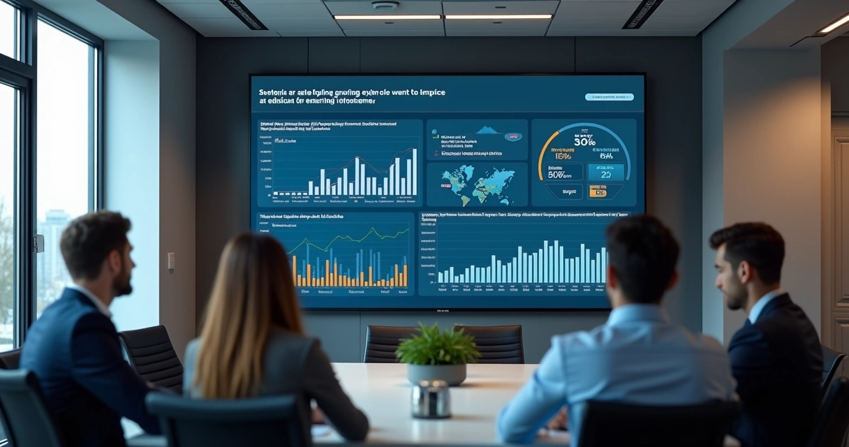 Equipe de gestão monitorando gráficos em tela sobre resultados do sistema