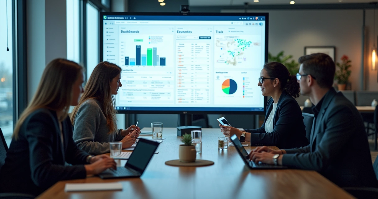 Equipe em reunião analisando dashboards do Notion projetados em uma tela grande. 