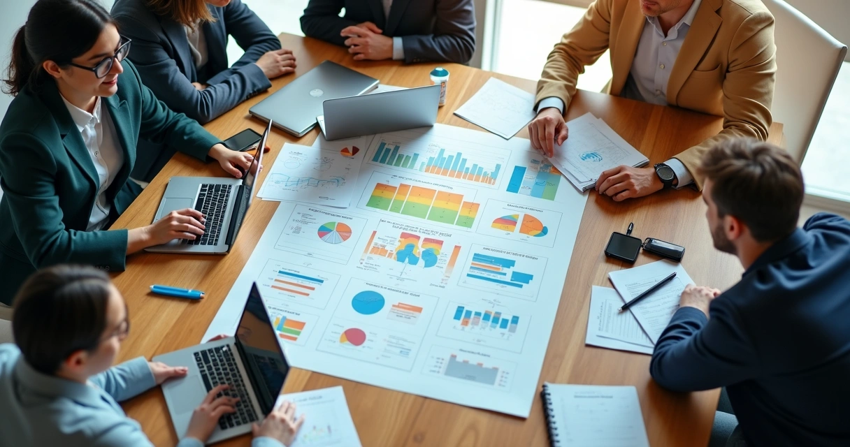 Equipe de negócios discutindo resultados do NPS com gráficos coloridos em uma mesa de reunião. 