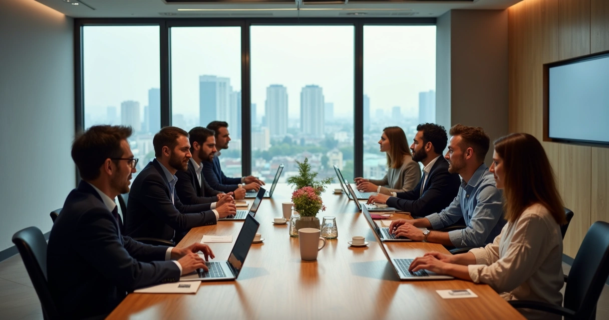 Equipe de negócios reunida em torno de mesa de reunião 