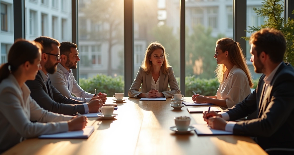 Várias pessoas sentadas em volta de uma mesa de reunião, fazendo anotações e dialogando 