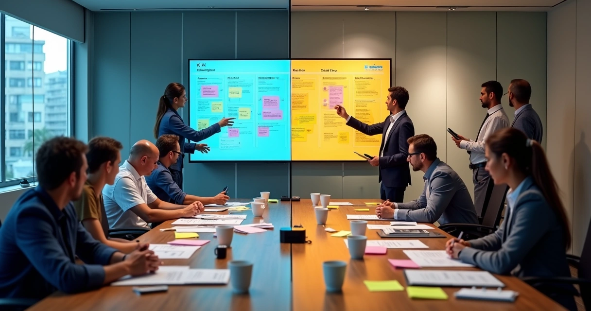 Líder de PME em sala dividida entre reunião parada e execução ativa no quadro de tarefas 