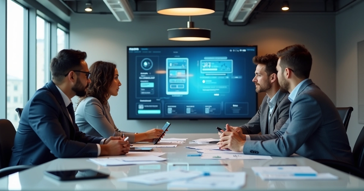 Profissionais testando protótipo em uma sala de reunião 