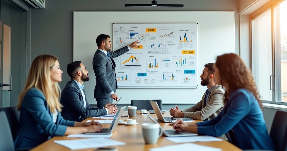 Empresários em reunião analisando quadro com siglas e gráficos 
