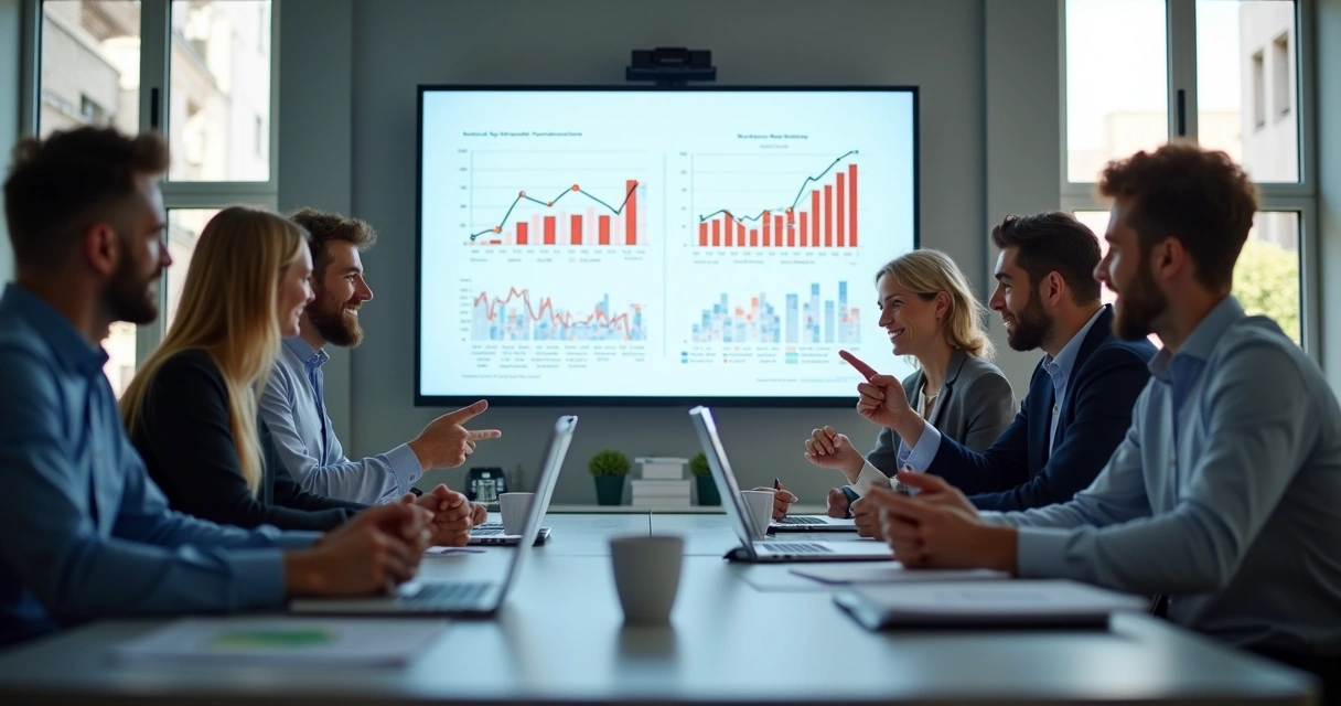 Reunião de gestores analisando indicadores de sucesso na empresa 