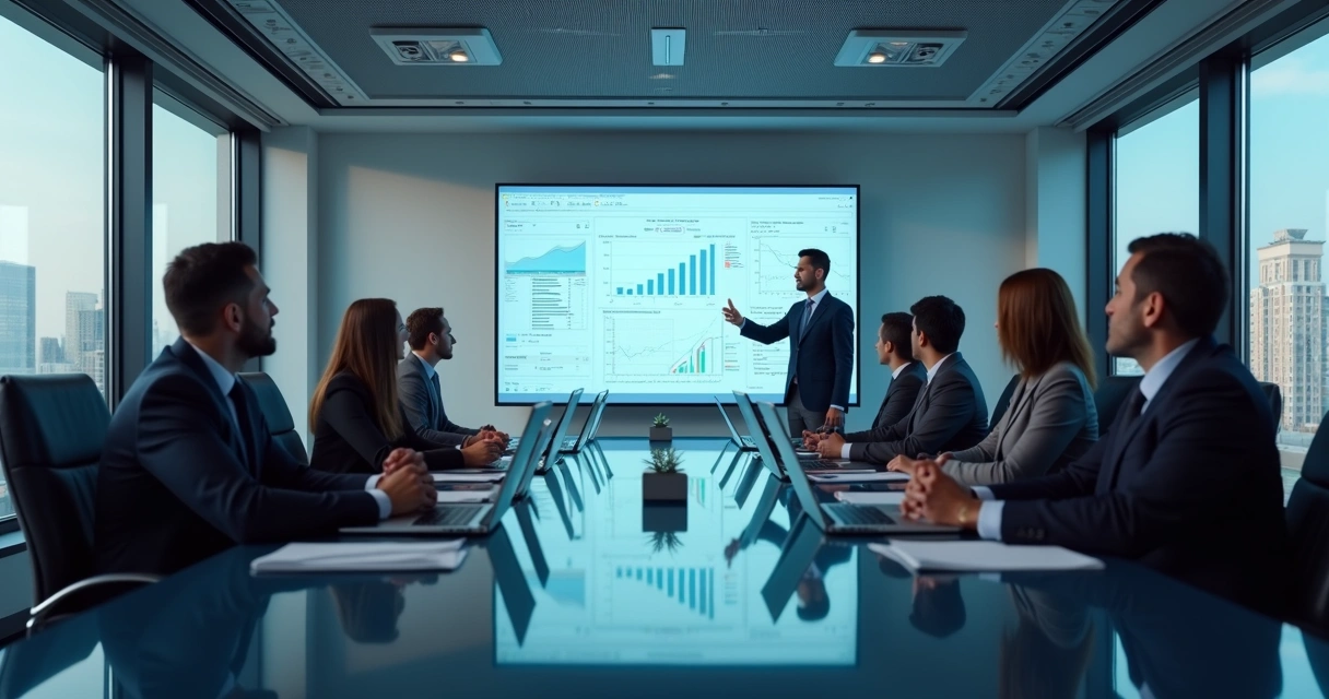 Reunião empresarial com tecnologia e gráficos digitais