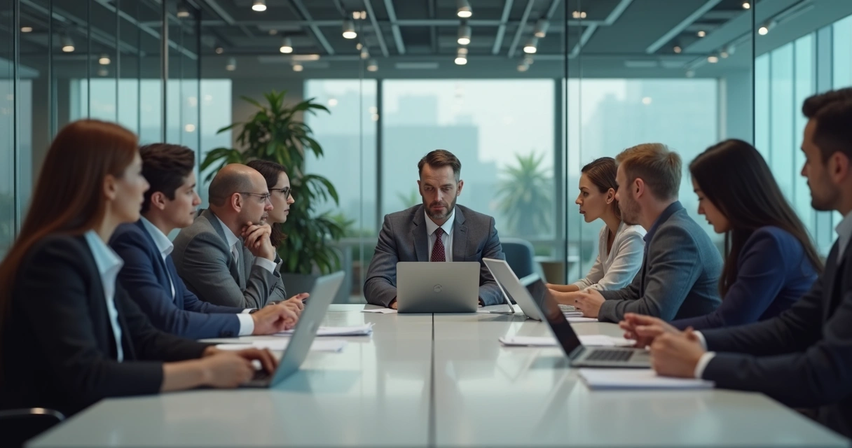 Equipe em uma reunião tensa com papéis e computadores 