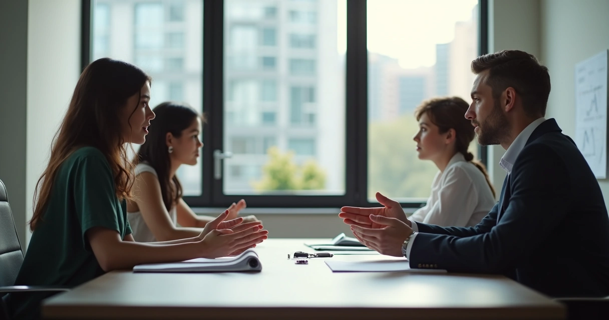 Equipe reunida em mesa de escritório, mostrando escuta e validação em discussão profissional.