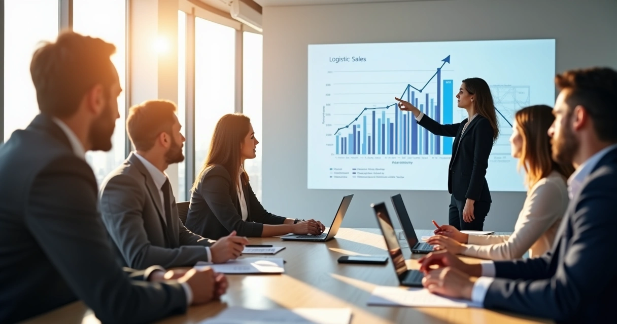 Reunião de empresários de logística observando gráficos de desempenho 