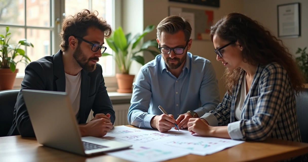 Pequenos empresários em reunião analisando planejamento financeiro 