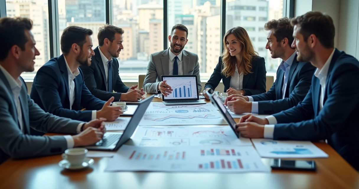 Empresários reunidos analisando relatórios financeiros 