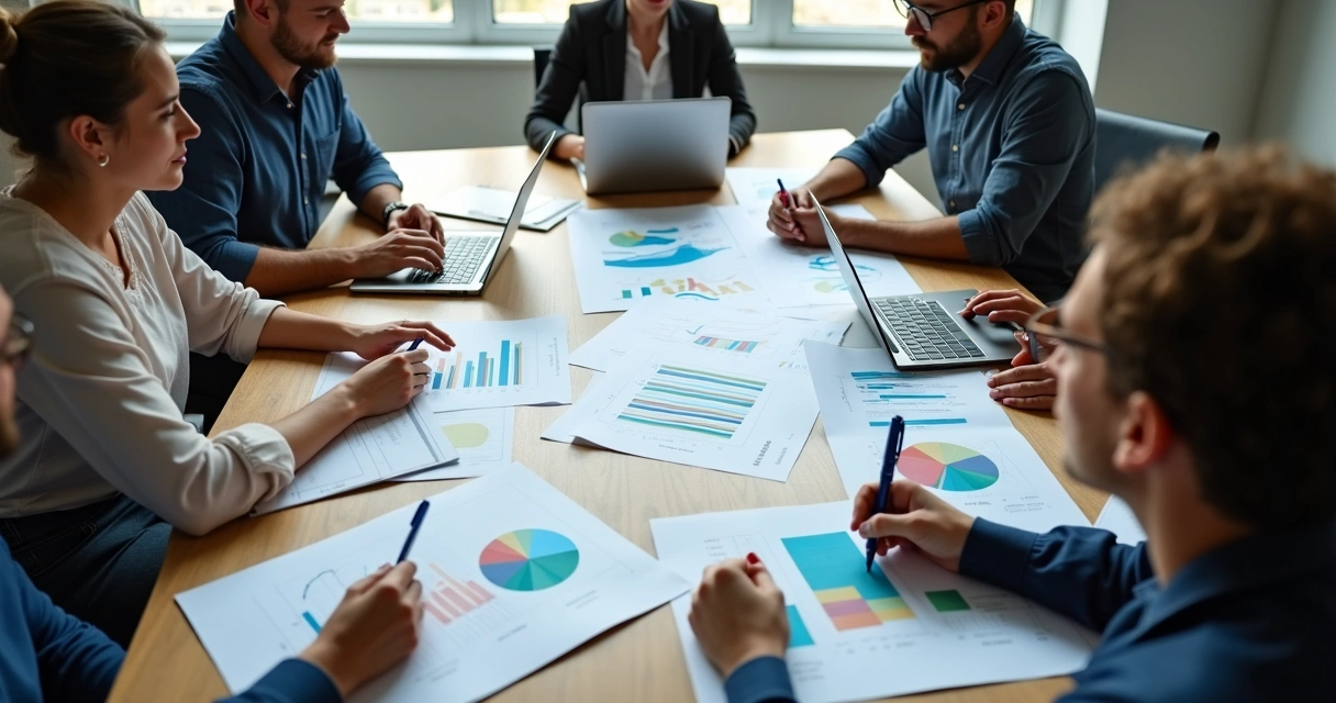 Equipe empresarial reunida em mesa analisando gráficos financeiros 