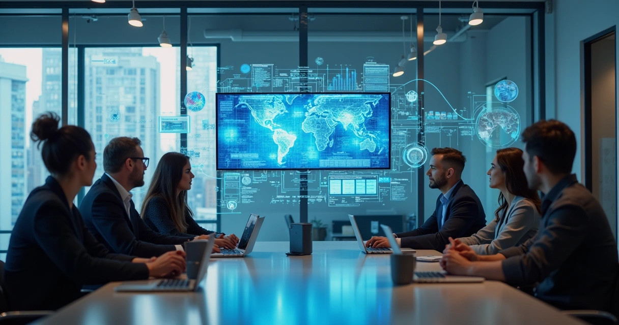 Empresários reunidos analisando gráficos e dados em tela sobre uso de IA 