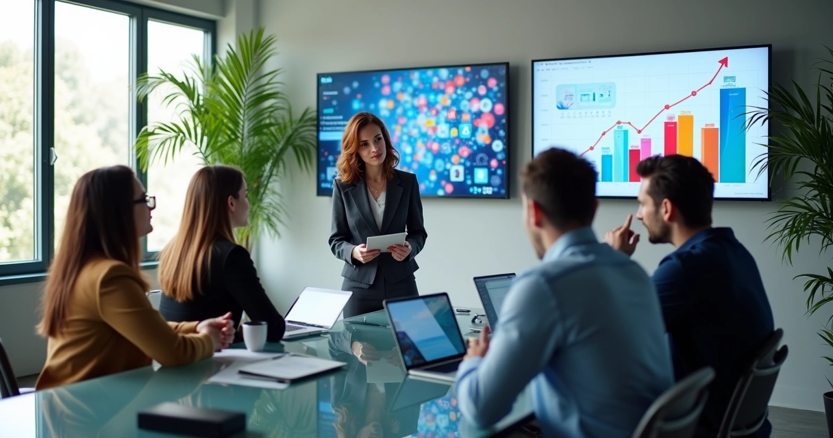 Grupo de empresários discutindo estratégias digitais em sala de reunião 