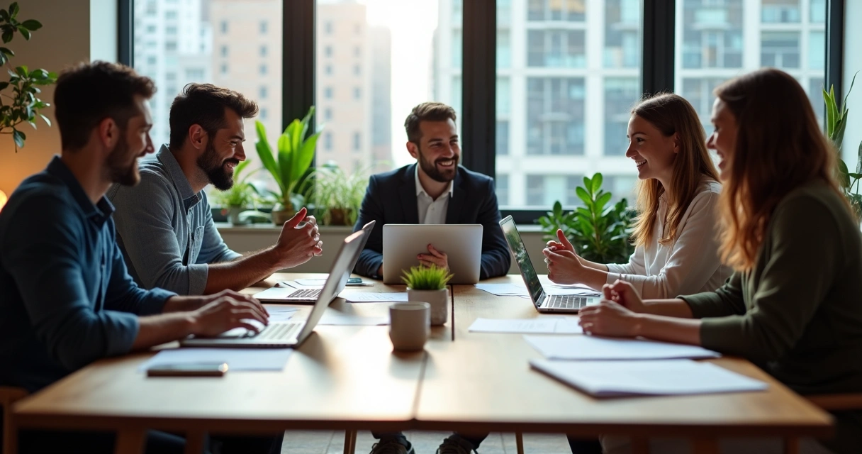 Empresários de vários setores trocam ideias em mesa de reunião de coworking 