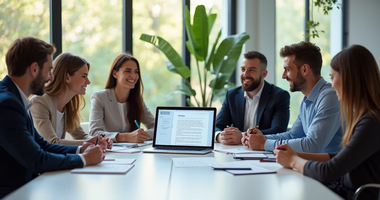 Reunião de empresários analisando documento digital em laptop 