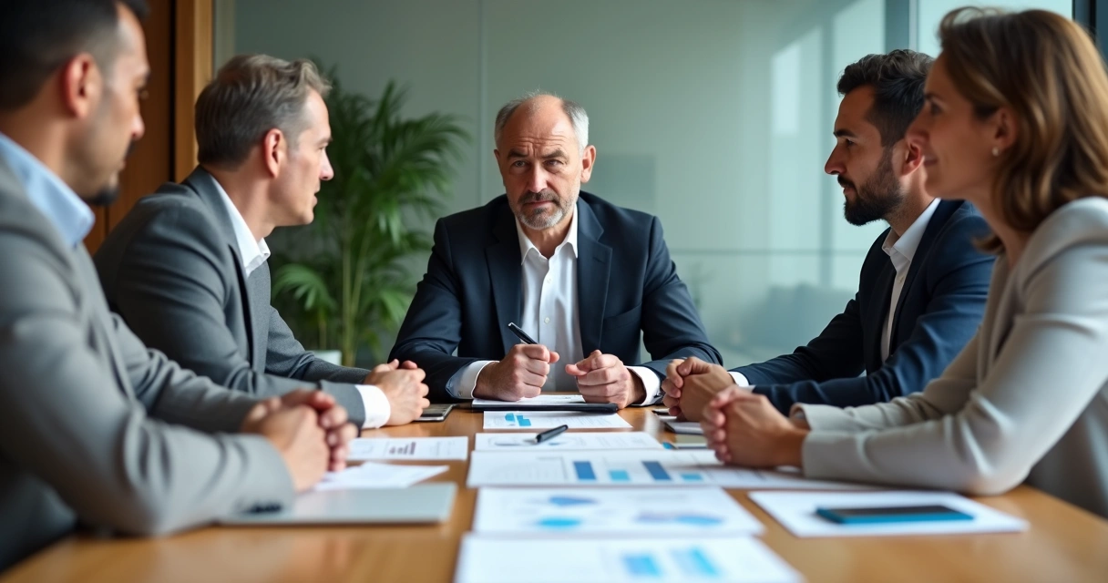 Reunião de empresários familiares em conflito sendo mediada em sala de reunião moderna 