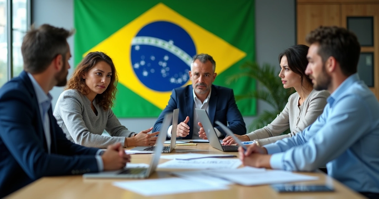 Grupo de empresários em reunião analisando documentos de importação