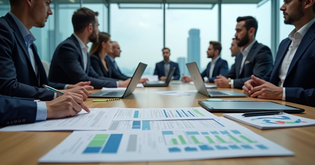 Empresários em reunião de M&A analisando relatórios e gráficos em mesa de reunião 