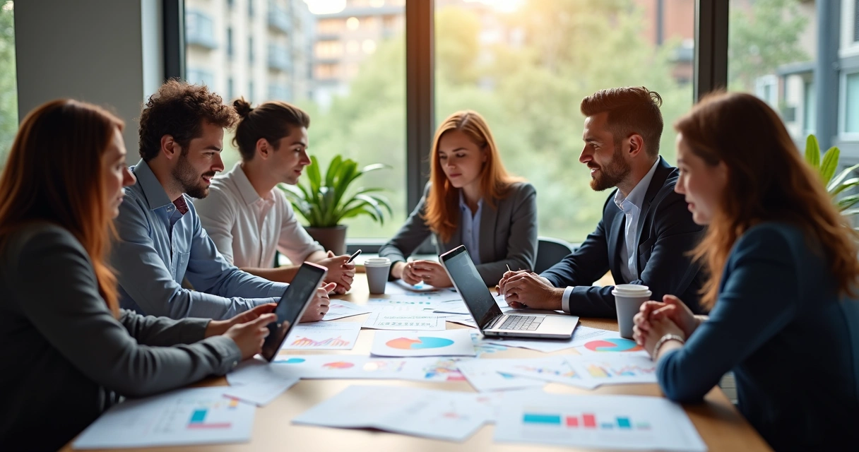 Profissionais reunidos analisando gráficos de market share