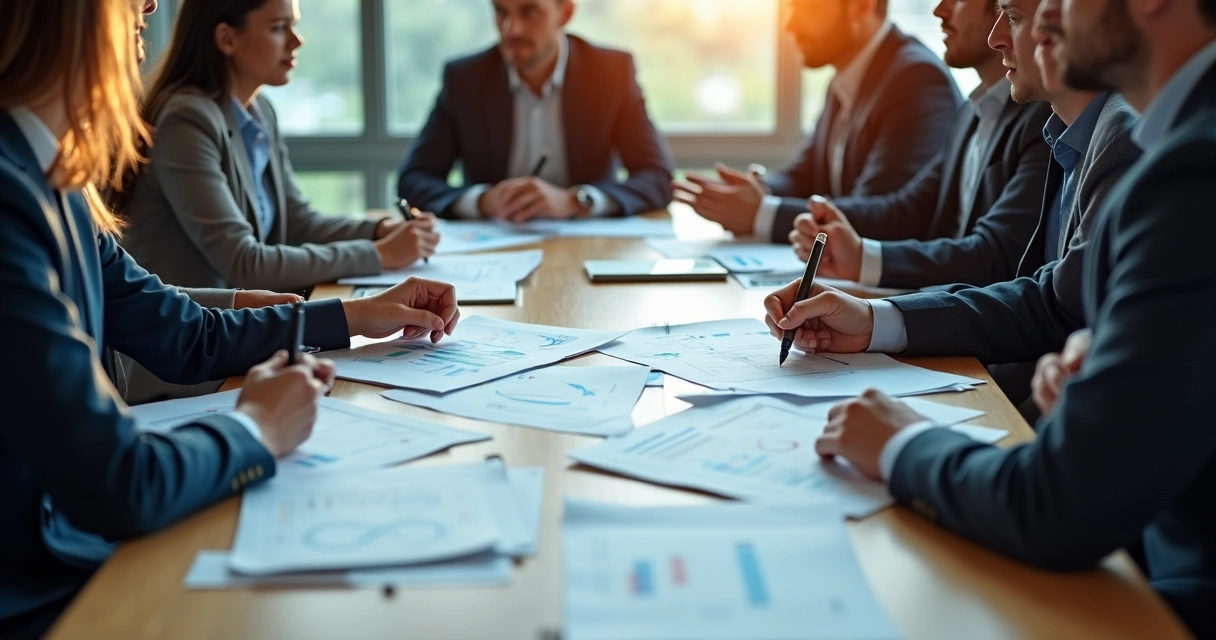 Reunião de empresários discutindo papéis de múltiplas empresas 