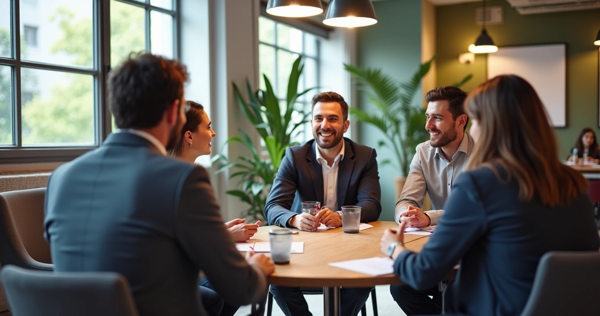 Pequeno grupo de empresários em reunião informal, conversando na mesa de café 