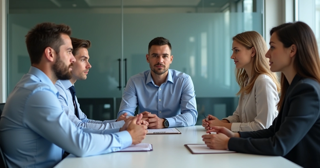 Equipe em reunião encenando uma conversa de trabalho