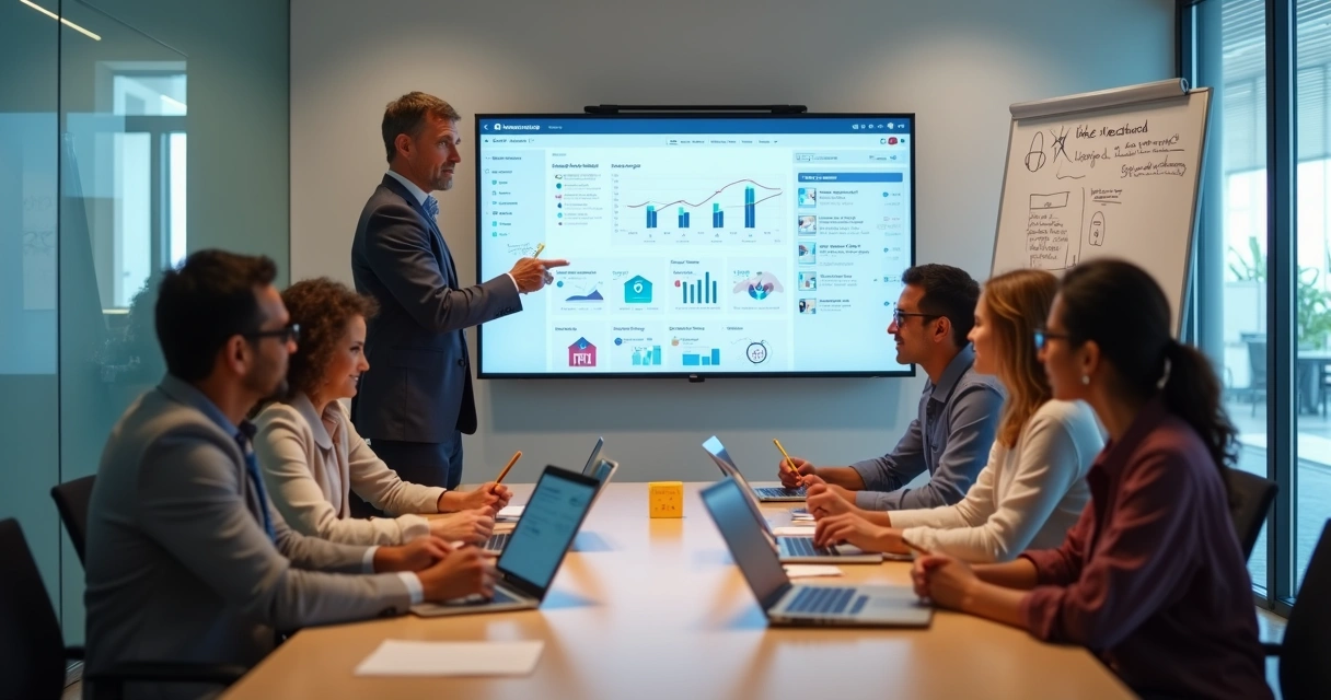 Gestor e colaboradores em reunião interativa sobre treinamento EAD corporativo 