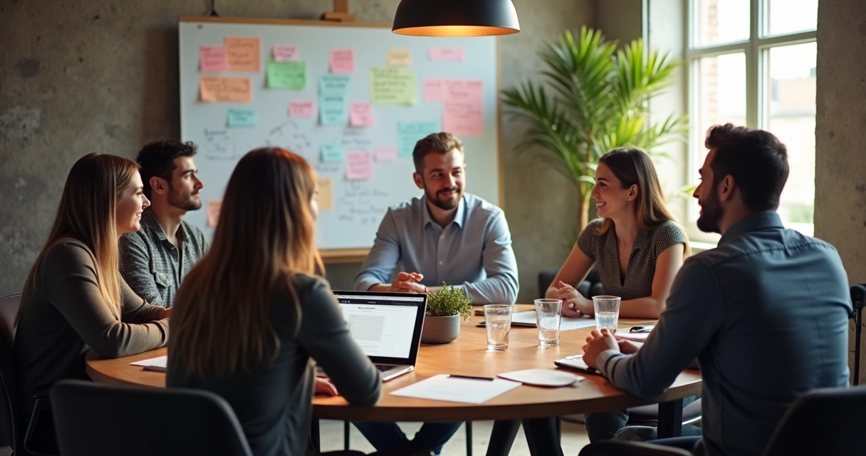 Equipe PME em reunião aberta com liderança participativa 