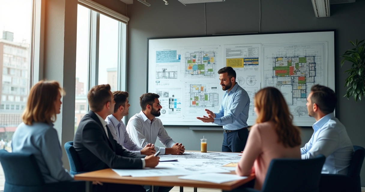 Equipe de vendas reunida em sala com projetos de obras na parede, analisando mapas e gráficos 