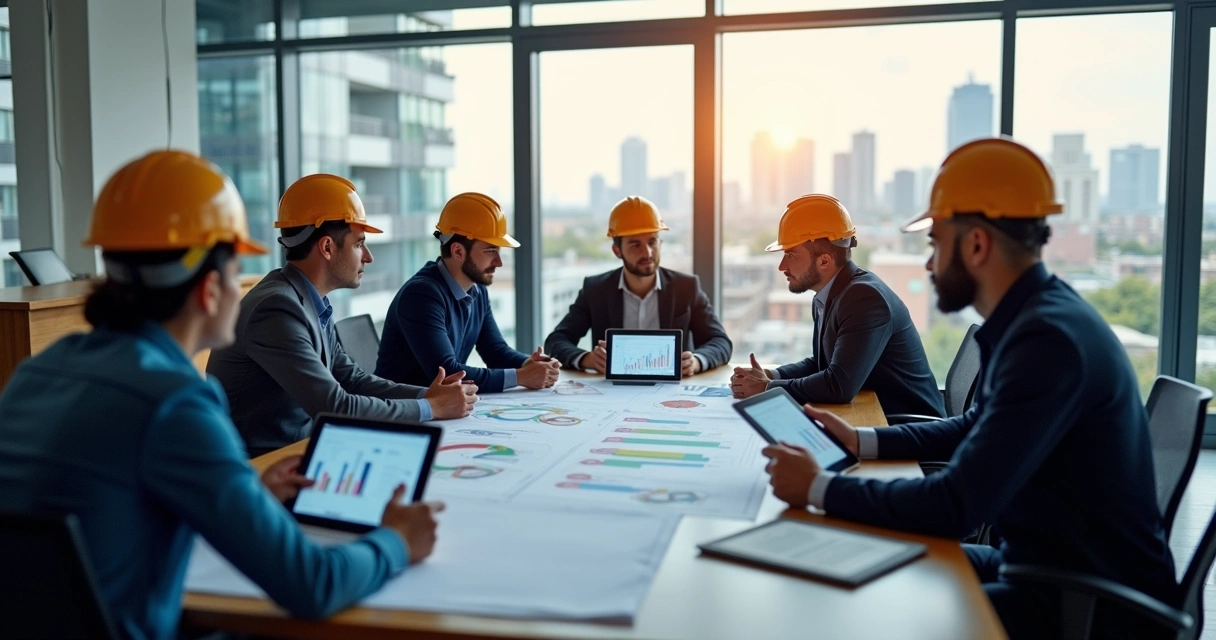 Equipe comercial de construção em reunião com engenheiros analisando projetos 