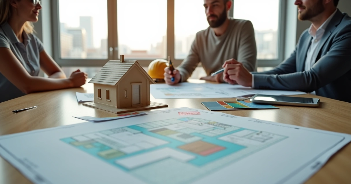 Engenheiro e casal analisam maquete de casa e plantas em reunião de obra financiada 