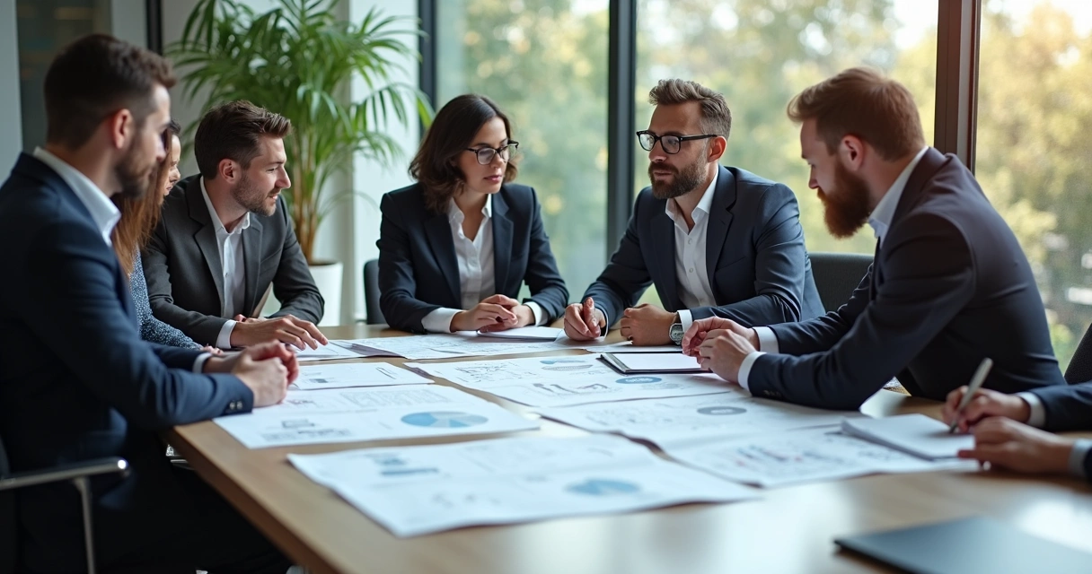 Reunião de engenheiros debatendo laudo técnico em sala de conferência 