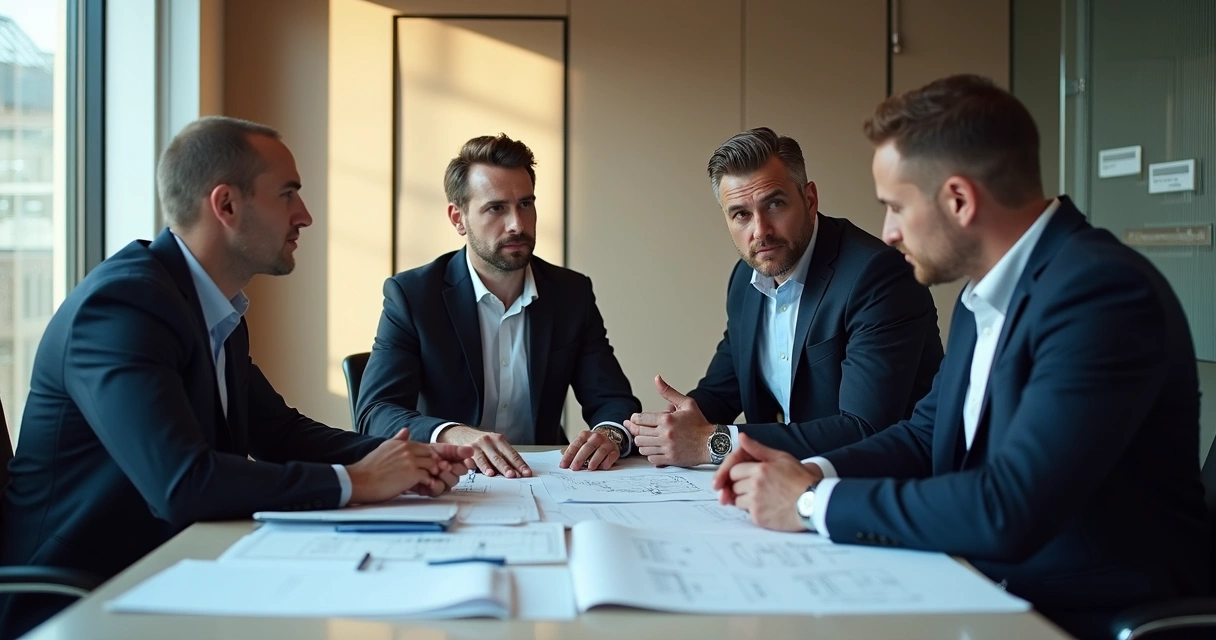 Equipe de engenheiros conversando em sala de reunião moderna com documentos 