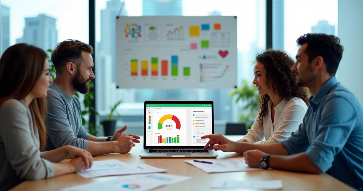 Equipe de RH analisando resultados de e-NPS em reunião sobre cultura da empresa 