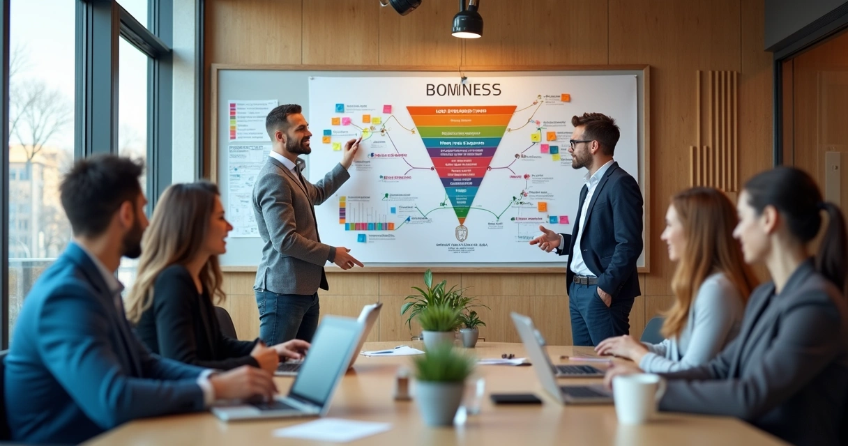 Reunião entre equipes de marketing e vendas em ambiente colaborativo 