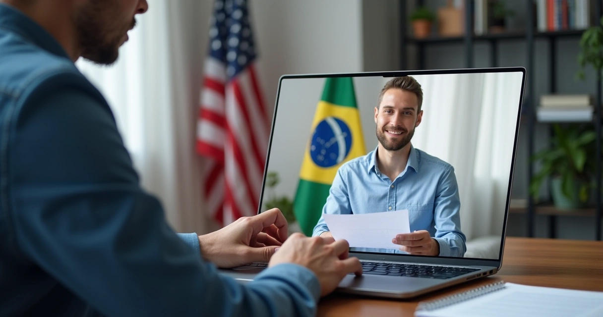 Entrevista de emprego por videoconferência entre recrutador americano e candidato brasileiro.