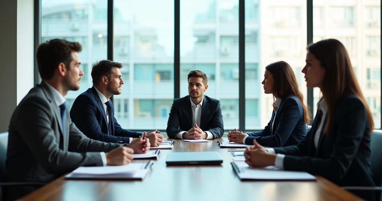 Reunião de seleção de franqueados com candidatos em sala de reunião 