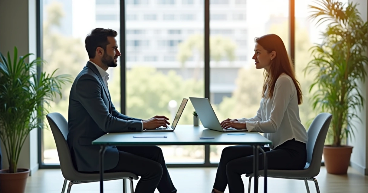 Entrevista de emprego em sala moderna, duas pessoas sentadas com notebook na mesa e ambiente iluminado. 