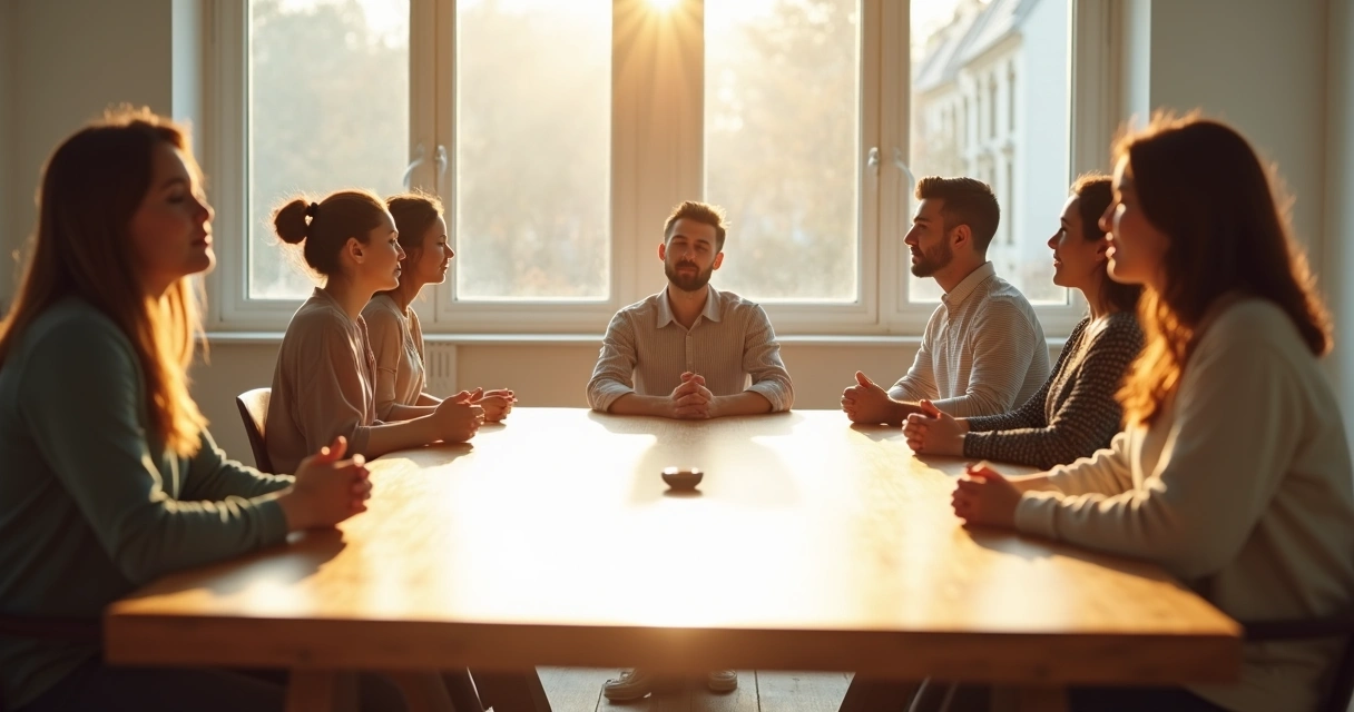 Pessoas em reunião, sentadas à mesa, respirando fundo, com expressões serenas em ambiente de escritório