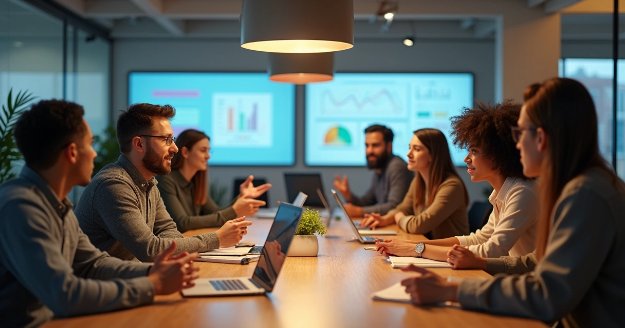 Reunião de equipe com pessoas conversando de forma aberta em um escritório moderno