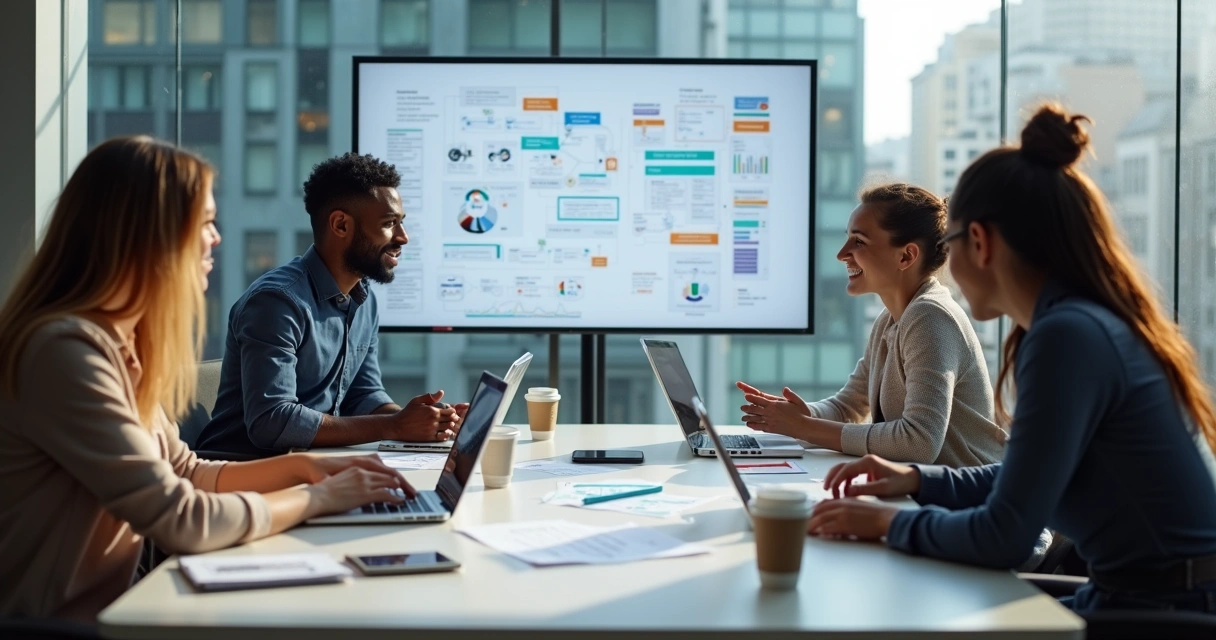 Equipe reunida em mesa com computadores e papéis, discutindo processos 