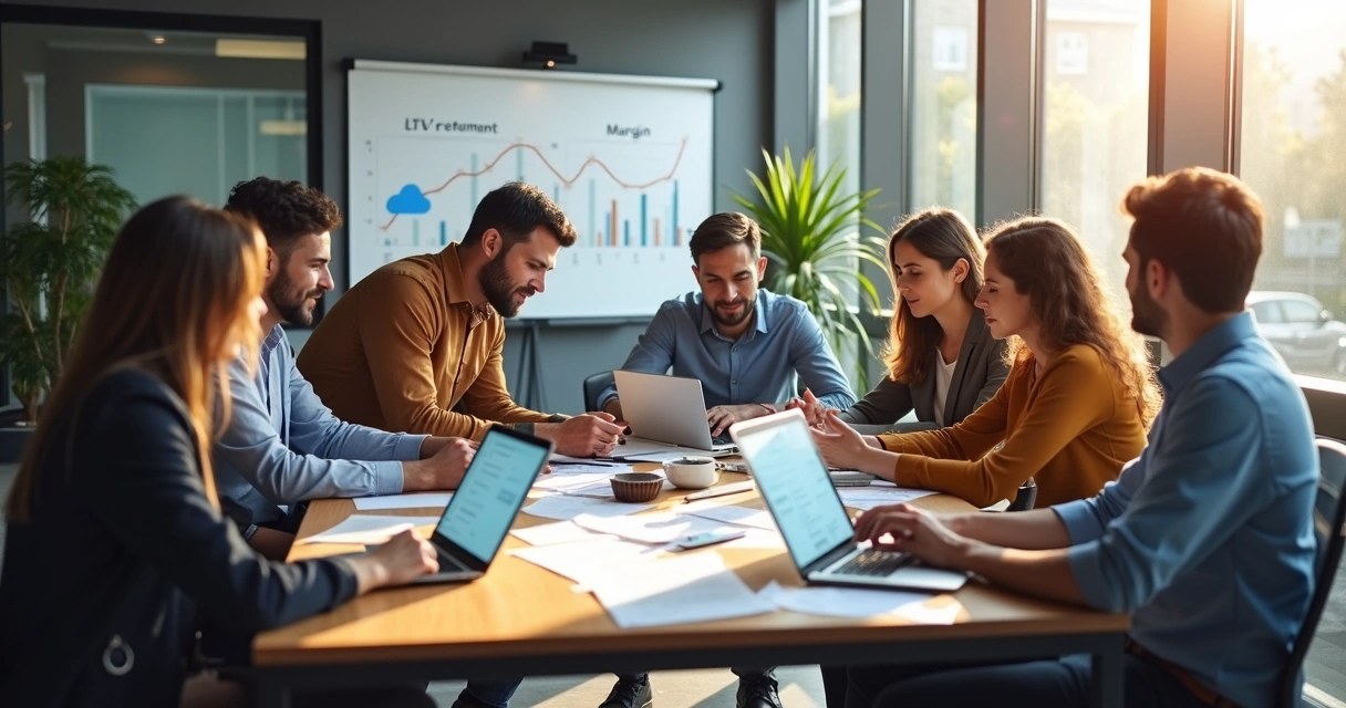 Equipe de agência digital reunida em sala de reuniões, discutindo resultados de clientes 