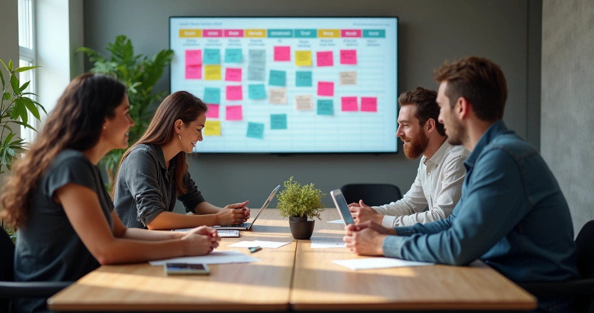 Equipe reunida em mesa de reunião, agência de viagens, quadros SCRUM ao fundo 